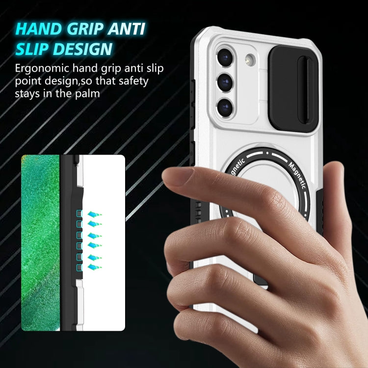 For Samsung Galaxy S21 FE 5G Sliding Camshield Magsafe Holder TPU Hybrid PC Phone Case(Black White) by buy2fix