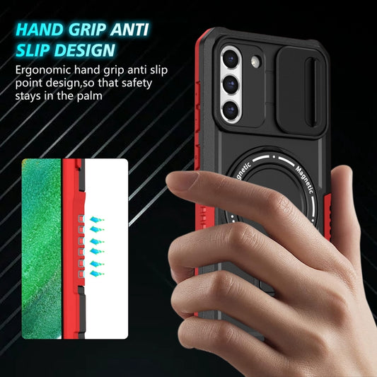 For Samsung Galaxy S21 FE 5G Sliding Camshield Magsafe Holder TPU Hybrid PC Phone Case(Black Red) by buy2fix