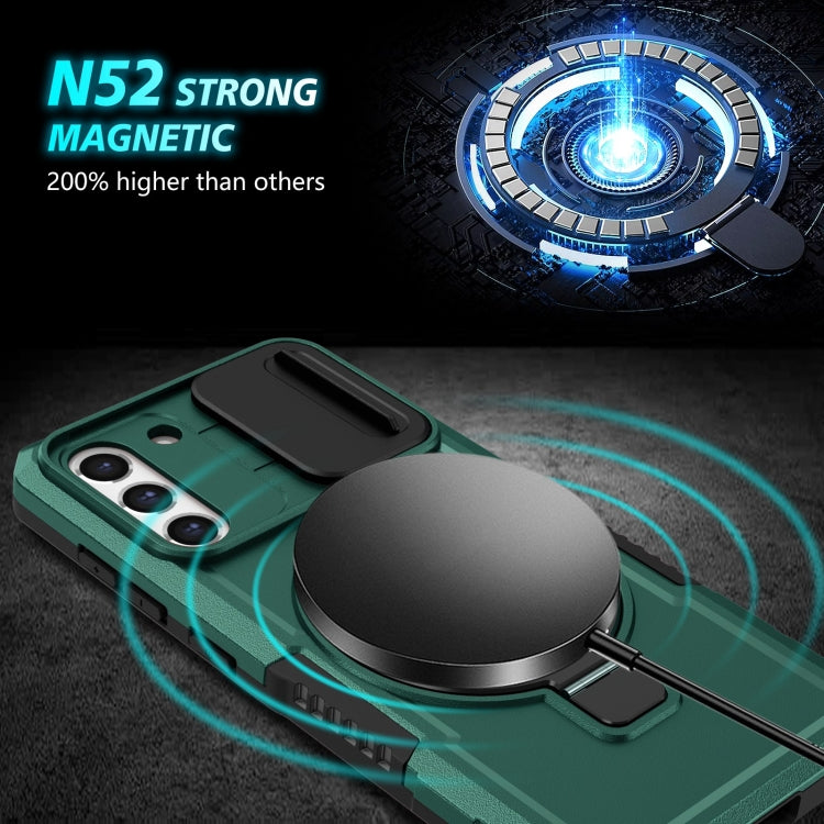For Samsung Galaxy S21 FE 5G Sliding Camshield Magsafe Holder TPU Hybrid PC Phone Case(Deep Green) by buy2fix