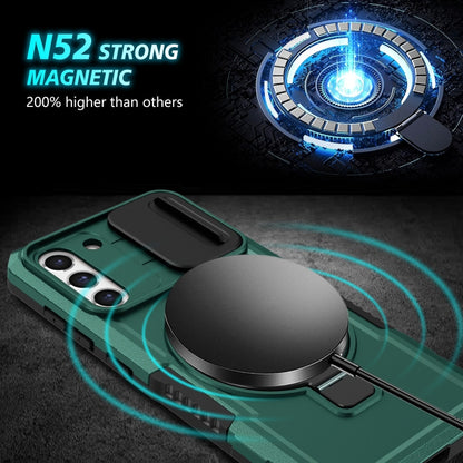 For Samsung Galaxy S21 FE 5G Sliding Camshield Magsafe Holder TPU Hybrid PC Phone Case(Deep Green) by buy2fix