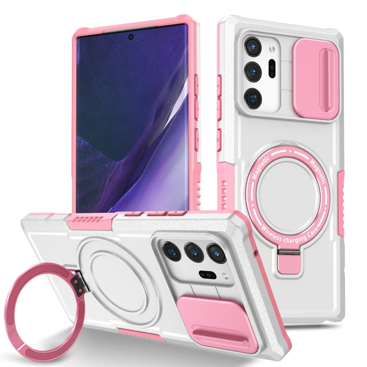 For Samsung Galaxy Note20 Ultra Sliding Camshield Magsafe Holder TPU Hybrid PC Phone Case(Pink White) by buy2fix