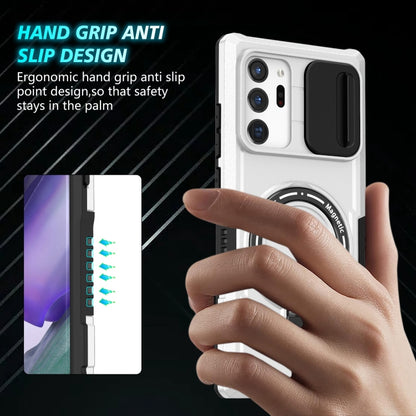 For Samsung Galaxy Note20 Ultra Sliding Camshield Magsafe Holder TPU Hybrid PC Phone Case(Black White) by buy2fix