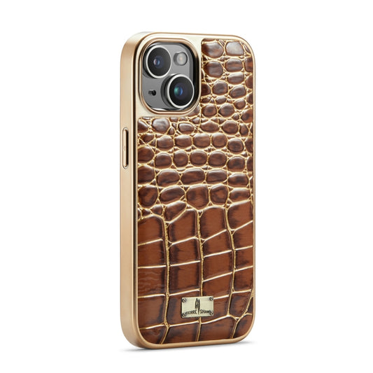 For iPhone 15 Pro Max Fierre Shann Crocodile Texture Electroplating PU Phone Case(Brown) by FIERRE SHANN