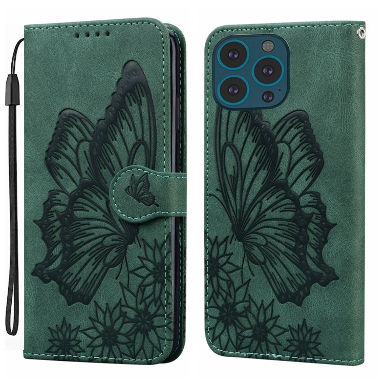 For iPhone 15 Pro Max Retro Skin Feel Butterflies Embossing Leather Phone Case(Green) - iPhone 15 Pro Max Cases by buy2fix | Online Shopping UK | buy2fix