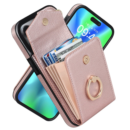 For iPhone 15 Pro Max Ring Holder RFID Card Slot Phone Case(Rose Gold) by buy2fix