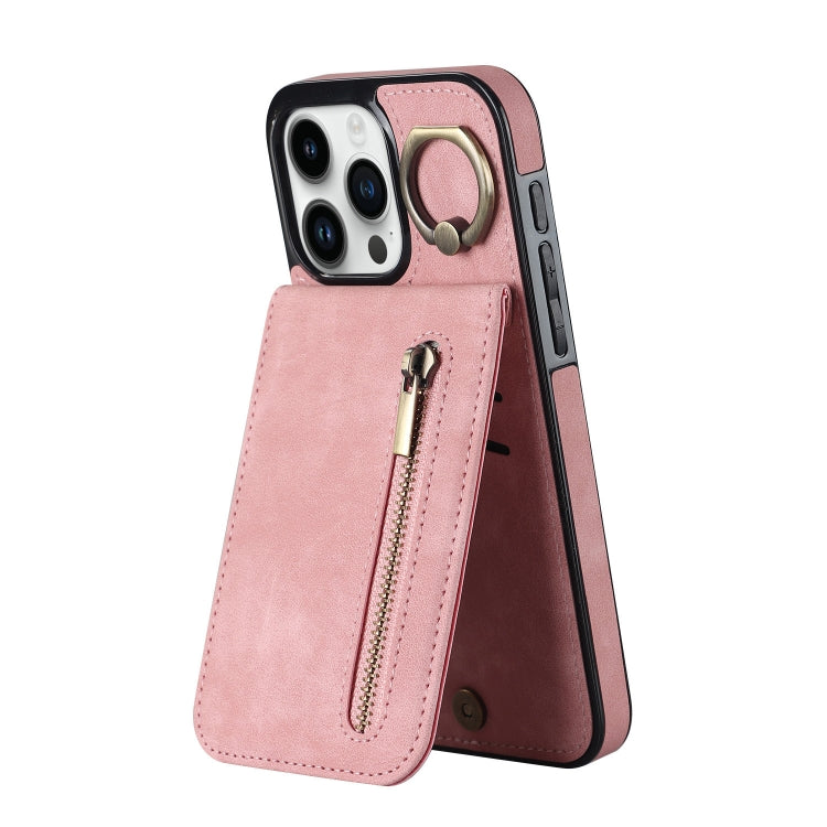 For iPhone 15 Pro Max Retro Ring and Zipper RFID Card Slot Phone Case(Pink) - iPhone 15 Pro Max Cases by buy2fix | Online Shopping UK | buy2fix