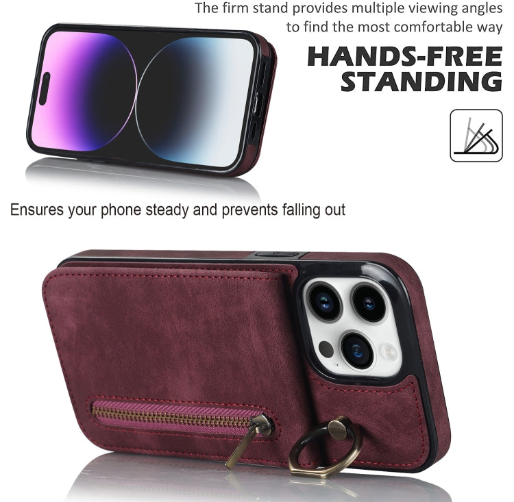 For iPhone 15 Pro Max Retro Ring and Zipper RFID Card Slot Phone Case(Wine Red) - iPhone 15 Pro Max Cases by buy2fix | Online Shopping UK | buy2fix