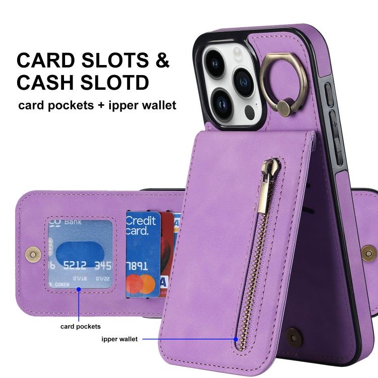 For iPhone 15 Pro Max Retro Ring and Zipper RFID Card Slot Phone Case(Purple) - iPhone 15 Pro Max Cases by buy2fix | Online Shopping UK | buy2fix