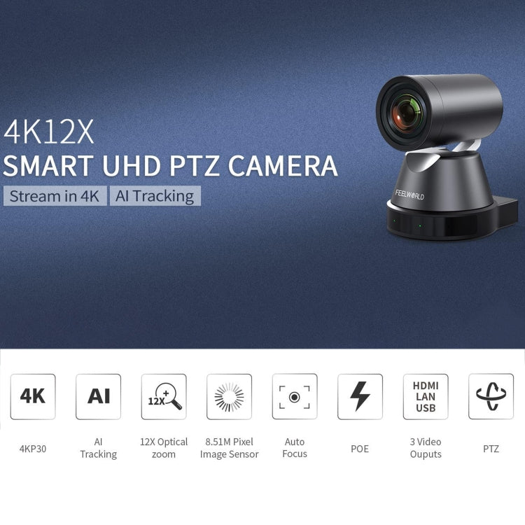 FEELWORLD 4K12X 4K PTZ Camera 12X Optical Zoom AI Tracking HDMI USB IP Remote Control(US Plug) - HD Camera by FEELWORLD | Online Shopping UK | buy2fix