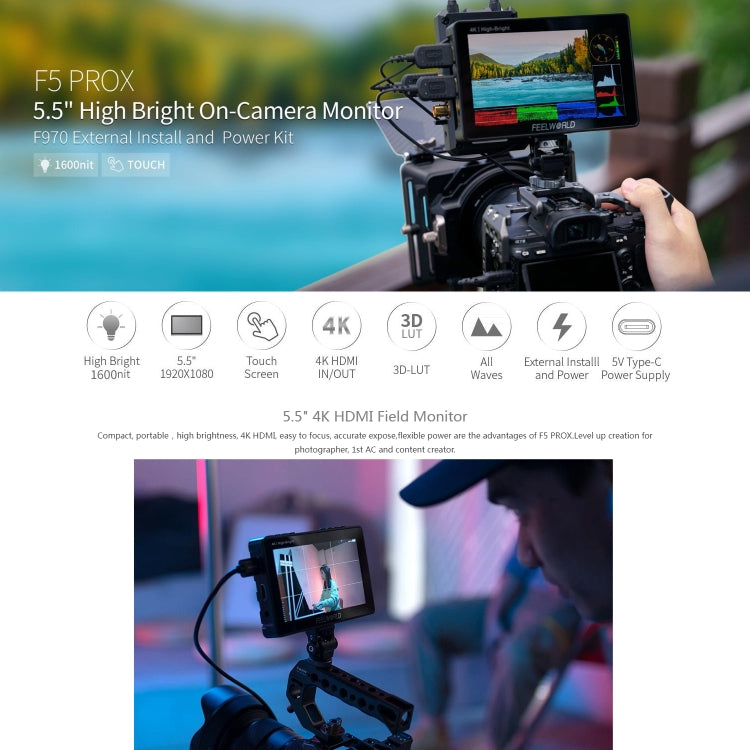 FEELWORLD F5 ProX 5.5 inch 1600nit High Bright Touch Screen DSLR Camera Field Monitor 4K HDMI F970 Install and Power Kit(Black) - On-camera Monitors by FEELWORLD | Online Shopping UK | buy2fix