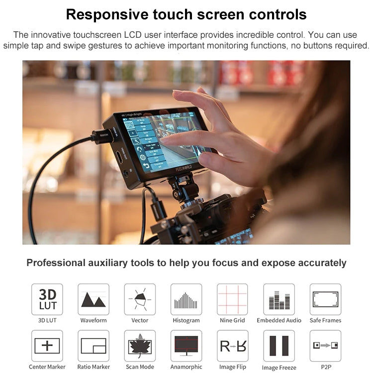 FEELWORLD LUT5E 5.5 inch High Bright 1600nit Touch Screen DSLR Camera Field Monitor F970 External Power and Install Kit 4K HDMI 1920X1080 IPS Panel(Black) - On-camera Monitors by FEELWORLD | Online Shopping UK | buy2fix