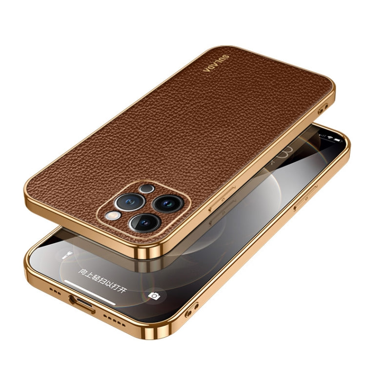 For iPhone 15 Pro Max SULADA TPU + Litchi Texture Leather Phone Case(Brown) - iPhone 15 Pro Max Cases by SULADA | Online Shopping UK | buy2fix