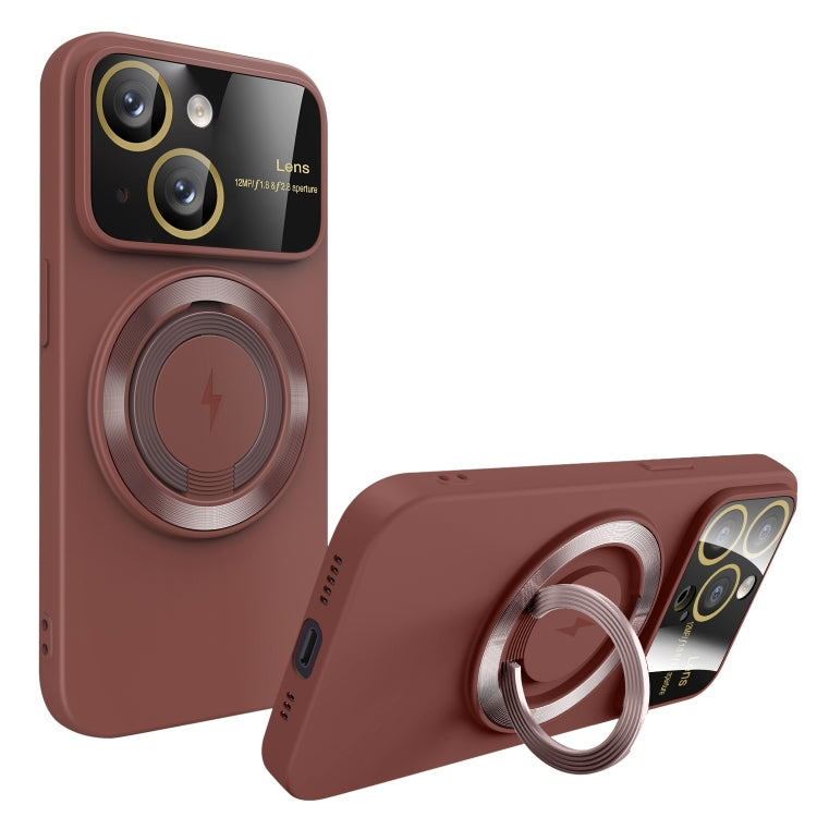 For iPhone 15 Large Window MagSafe Magnetic Holder Phone Case(Claret Red) - iPhone 15 Cases by buy2fix | Online Shopping UK | buy2fix