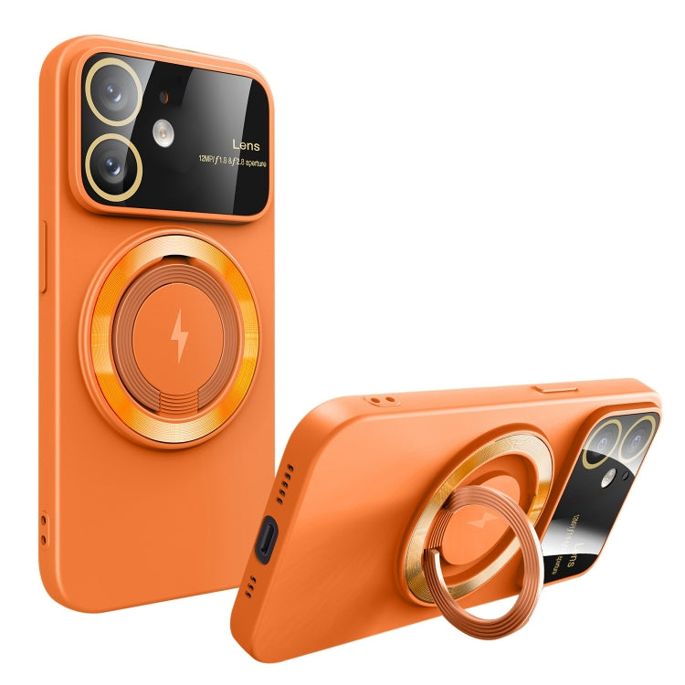 For iPhone 12 Large Window MagSafe Magnetic Holder Phone Case(Orange) by buy2fix