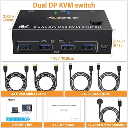 KC-KVM202DP 4K 60Hz USB3.0 DP Dual Monitors KVM Switch - Switch by buy2fix | Online Shopping UK | buy2fix