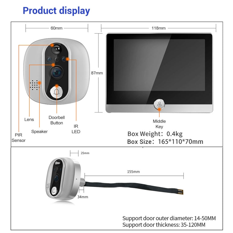 ESCAM C85 1080P 4.3 inch Smart WIFI Digital Door Viewer Supports Wide-Angle PIR & Night Vision & Dingdong Photo(White) - Video DoorBell by ESCAM | Online Shopping UK | buy2fix