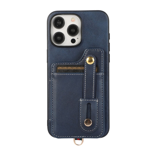 For iPhone 15 Pro Max 01 RFID Card Bag Cowhide Texture PU Phone Case(Blue) by buy2fix