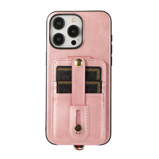 For iPhone 15 Pro Max 02 RFID Card Bag Cowhide Texture PU Phone Case(Pink) by buy2fix