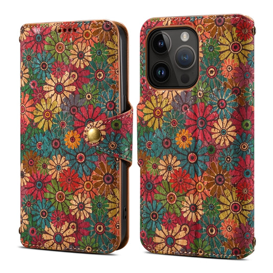 For iPhone 15 Pro Max Denior Flower Language Series Cork Fabric Oil Edge Leather Phone Case(Spring) - iPhone 15 Pro Max Cases by Denior | Online Shopping UK | buy2fix