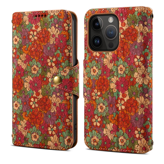 For iPhone 15 Pro Max Denior Flower Language Series Cork Fabric Oil Edge Leather Phone Case(Summer) - iPhone 15 Pro Max Cases by Denior | Online Shopping UK | buy2fix