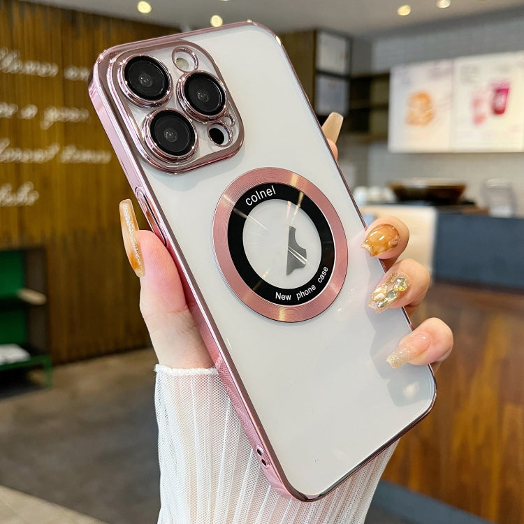 For iPhone 12 Pro Transparent Electroplated PC MagSafe Phone Case(Pink) by buy2fix