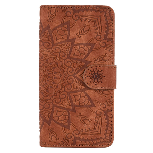 For iPhone 15 Pro Max Mandala Embossed Dual-Fold Calf Leather Phone Case(Brown) by buy2fix