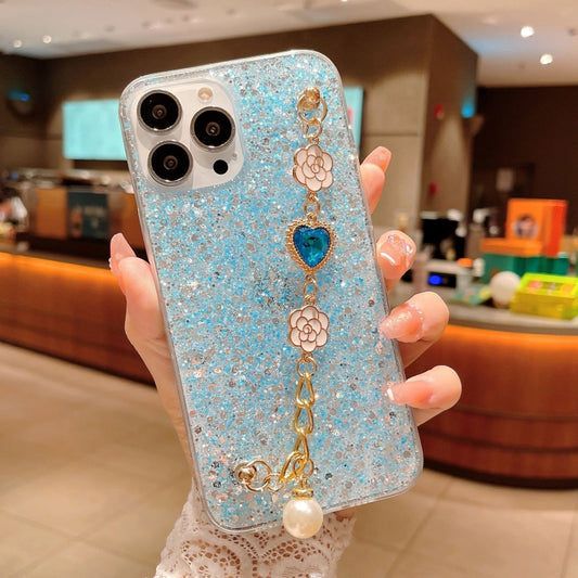 For iPhone 15 Pro Max Starry Sequin Love Gem Chain Epoxy TPU Phone Case(Blue) by buy2fix