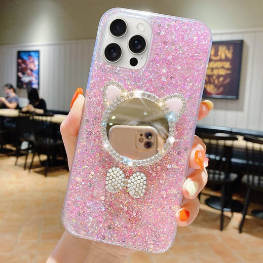 For iPhone 12 Pro Max Starry Sequin Diamond Cat Ears Mirror Epoxy TPU Phone Case(Pink) by buy2fix