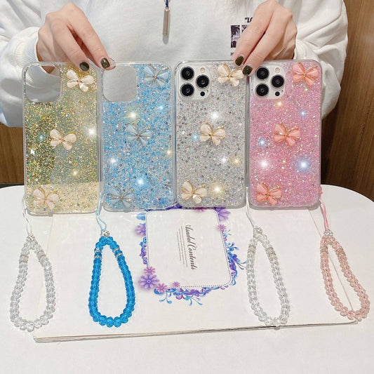 For iPhone 15 Pro Max Starry Sequin Jade Butterfly Epoxy TPU Phone Case with Strap(Pink) by buy2fix