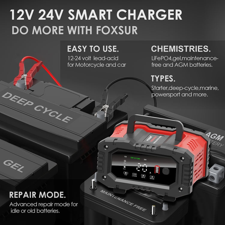 FOXSUR 12V / 24V 20A 300W Portable Motorcycle Car Smart Battery Charger(UK Plug) - Battery Charger by FOXSUR | Online Shopping UK | buy2fix