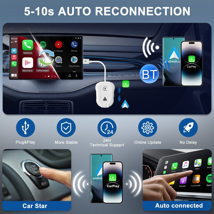 THT-020-9 USB + USB-C / Type-C Wired to Wireless Carplay / Android Auto Adapter(White) by buy2fix