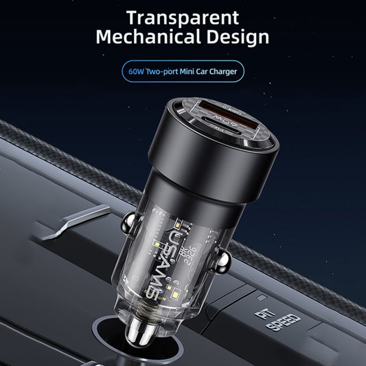 USAMS US-CC208 C39 60W USB + Type-C Dual Port Fast Charging Aluminum Alloy Transparent Car Charger(Black) by USAMS