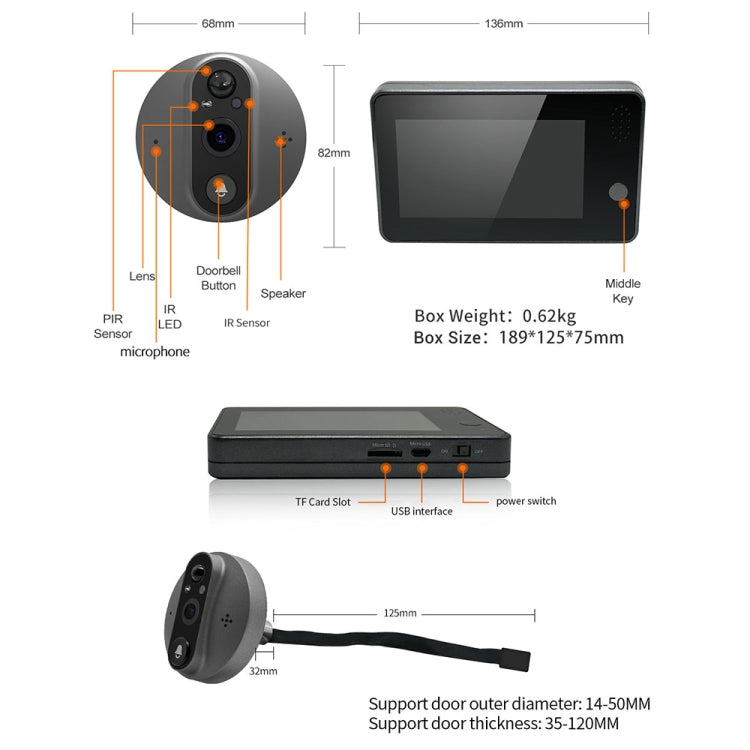 ESCAM C86 1080P 4.3 inch Smart WiFi Digital Door Viewer Supports Wide-Angle PIR & Night Vision & Dingdong Photo(White) - Video DoorBell by ESCAM | Online Shopping UK | buy2fix