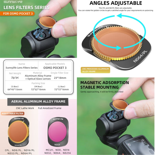 For DJI OSMO Pocket 3 Sunnylife Camera Lens Magnetic Metal Filter, Filter:3 in 1 CPL ND8/16 by Sunnylife