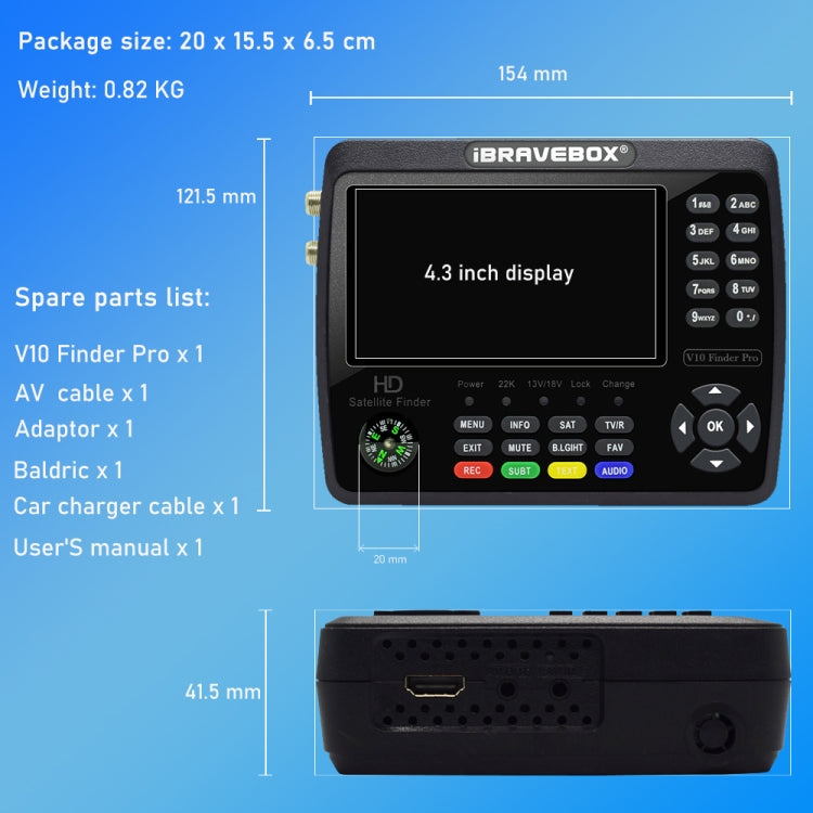 iBRAVEBOX V10 Finder Pro 4.3 inch Display Digital Satellite Meter Signal Finder, Support DVB-S/S2/S2X/T/T2/C, Plug Type:EU Plug(Black) by buy2fix