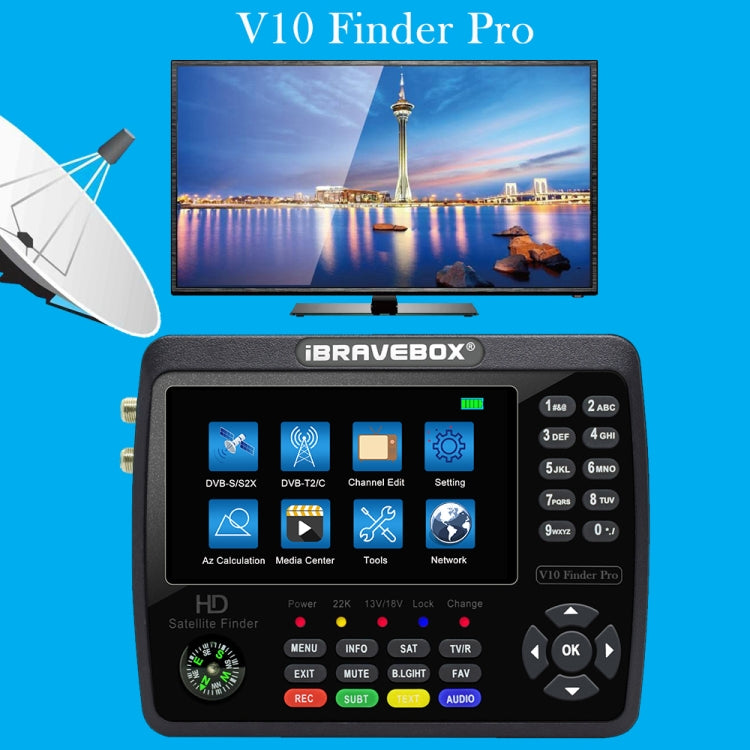 iBRAVEBOX V10 Finder Pro 4.3 inch Display Digital Satellite Meter Signal Finder, Support DVB-S/S2/S2X/T/T2/C, Plug Type:EU Plug(Black) by buy2fix