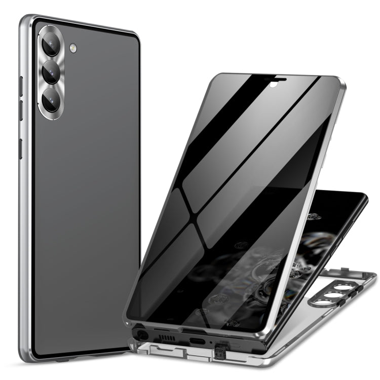 For Samsung Galaxy S24+ 5G Privacy Full Cover Magnetic Metal Tempered Glass Phone Case(Silver) by buy2fix