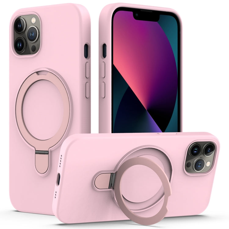 For iPhone 12 Pro Liquid Silicone MagSafe Magnetic Phone Case with Ring Holder(Grey Pink) by buy2fix
