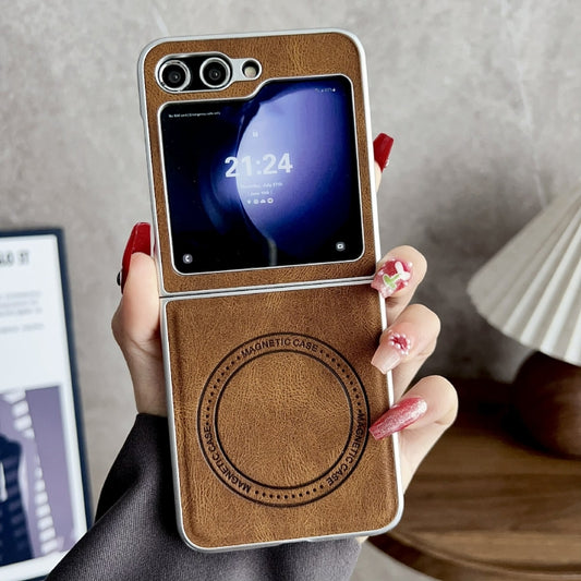 For Samsung Galaxy Z Flip5 Skin Feel Leather Texture MagSafe Pearlescent Paint Shockproof Phone Case(Brown) by buy2fix