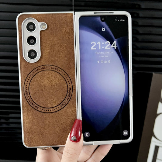 For Samsung Galaxy Z Fold5 Skin Feel Leather Texture MagSafe Pearlescent Paint Shockproof Phone Case(Brown) by buy2fix