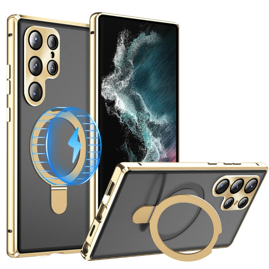 For Samsung Galaxy S22 Ultra 5G MagSafe Magnetic HD Frosted Tempered Glass Holder Phone Case(Gold) by buy2fix