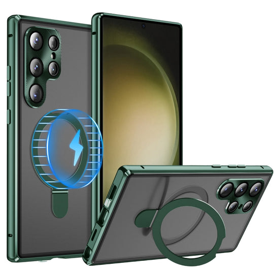 For Samsung Galaxy S23 Ultra 5G MagSafe Magnetic HD Frosted Tempered Glass Holder Phone Case(Green)