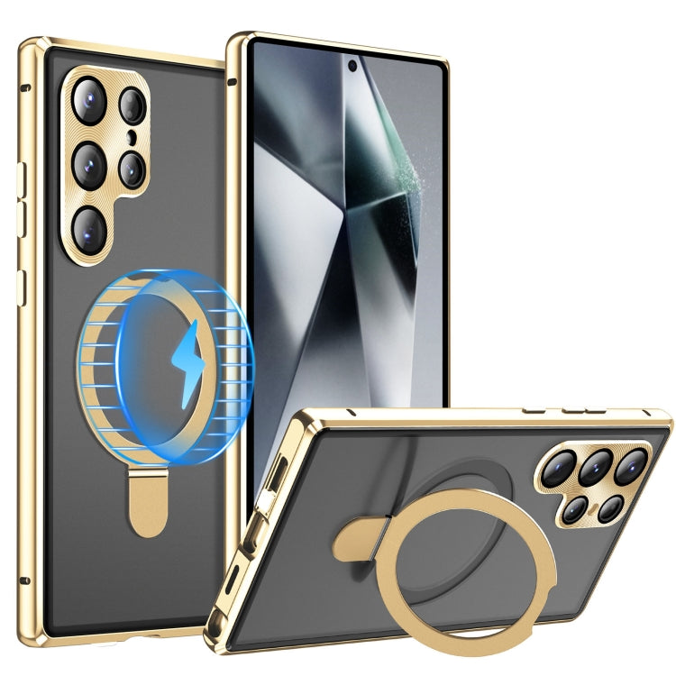 For Samsung Galaxy S24 Ultra 5G MagSafe Magnetic HD Frosted Tempered Glass Holder Phone Case(Gold) - Galaxy S24 Ultra 5G Cases by buy2fix | Online Shopping UK | buy2fix