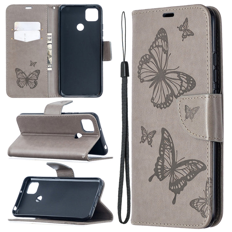 For Xiaomi Redmi 9C Two Butterflies Embossing Pattern Horizontal Flip Leather Case with Holder & Card Slot & Wallet & Lanyard(Grey) - Xiaomi Cases by buy2fix | Online Shopping UK | buy2fix