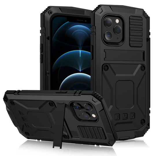 For iPhone 12 Pro Max R-JUST Shockproof Waterproof Dust-proof Metal + Silicone Protective Case with Holder(Black)