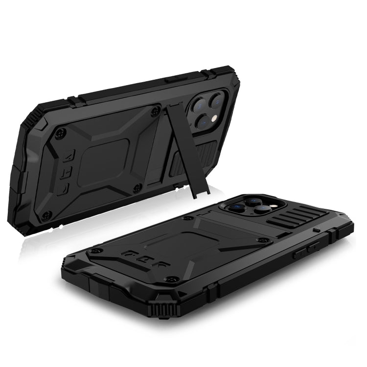 For iPhone 12 Pro Max R-JUST Shockproof Waterproof Dust-proof Metal + Silicone Protective Case with Holder(Black) - Apple Accessories by R-JUST | Online Shopping UK | buy2fix