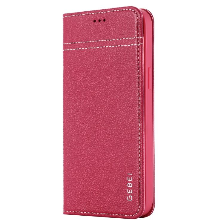 For iPhone 12 / 12 Pro GEBEI Top-grain Leather Horizontal Flip Protective Case with Holder & Card Slots(Rose Red) - iPhone 12 / 12 Pro Cases by GEBEI | Online Shopping UK | buy2fix