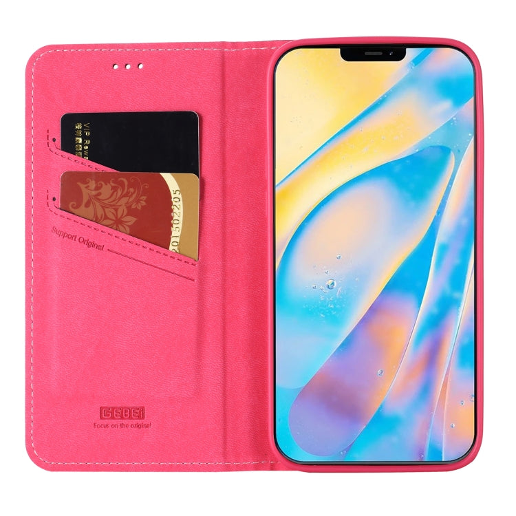 For iPhone 12 / 12 Pro GEBEI Top-grain Leather Horizontal Flip Protective Case with Holder & Card Slots(Rose Red) - iPhone 12 / 12 Pro Cases by GEBEI | Online Shopping UK | buy2fix