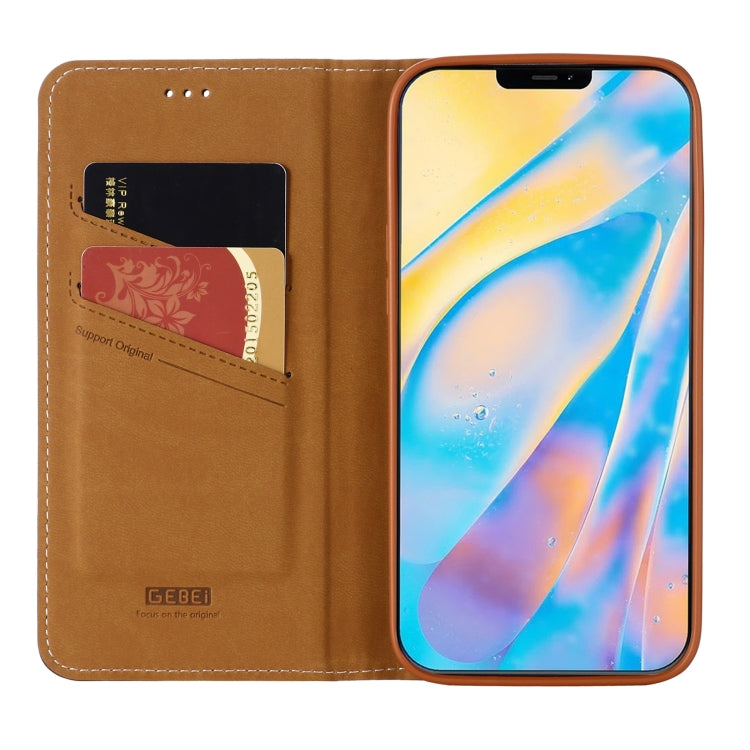 For iPhone 12 Pro Max GEBEI Top-grain Leather Horizontal Flip Protective Case with Holder & Card Slots(Brown) - iPhone 12 Pro Max Cases by GEBEI | Online Shopping UK | buy2fix