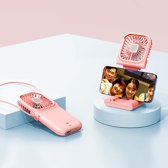 F30 Electroplating Handheld Fan Portable Desktop Folding Mute USB Hanging Neck Fan, Upgraded Version (Pink)